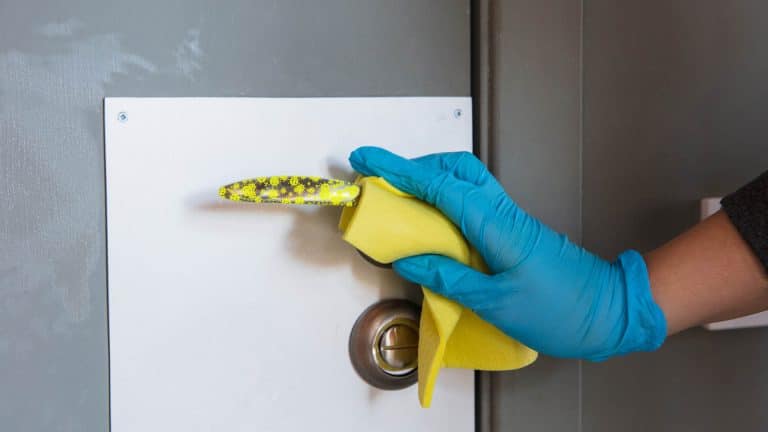 A competent cleaner, who has completed the Highfield E-Learning Infection Prevention and Control course, cleaning a door handle.