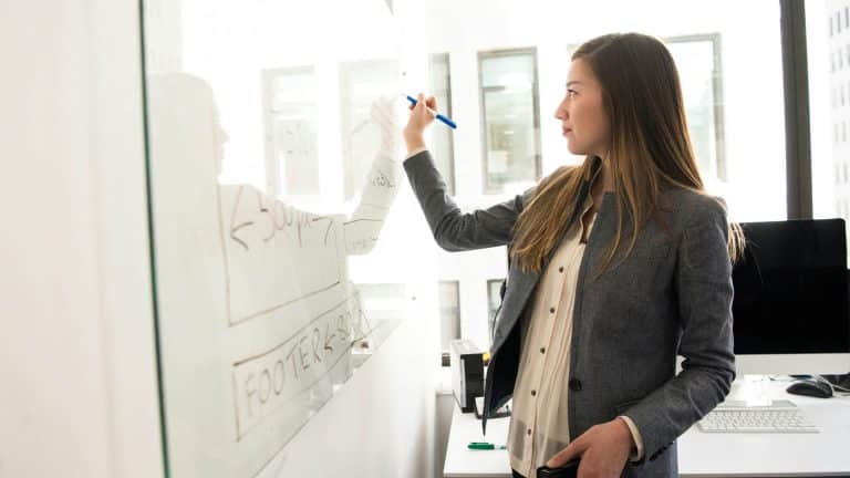 A woman wearing a suit is writing on a whiteboard as part of her performance management course.