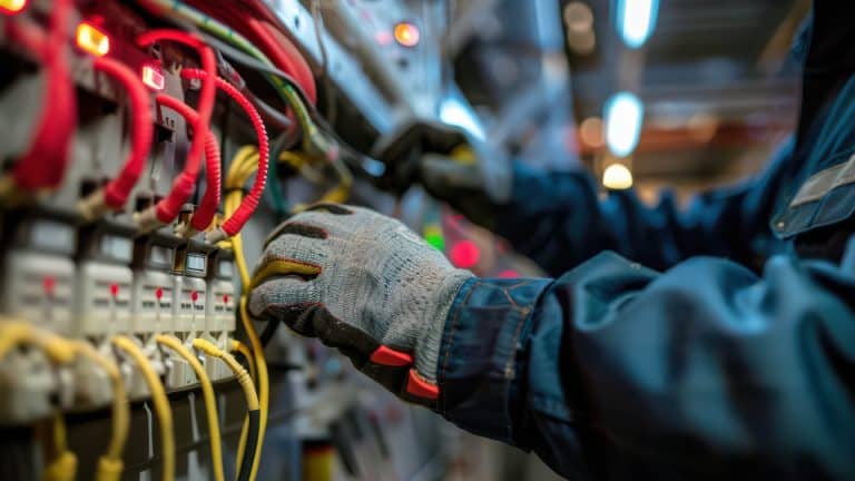 An electrician works on an electrical panel for the NET AM2 skills test.